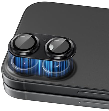 SumRioo Kameraschutz für iPhone 16/16 Plus, Keine Blitzstörung, Schwarz | Kamera Linse Schutzfolie, 9H Gehärtetes Glas, Matt Metallplatte, Kratz & Stoßfest, HD Klar, Hüllenkompatibel