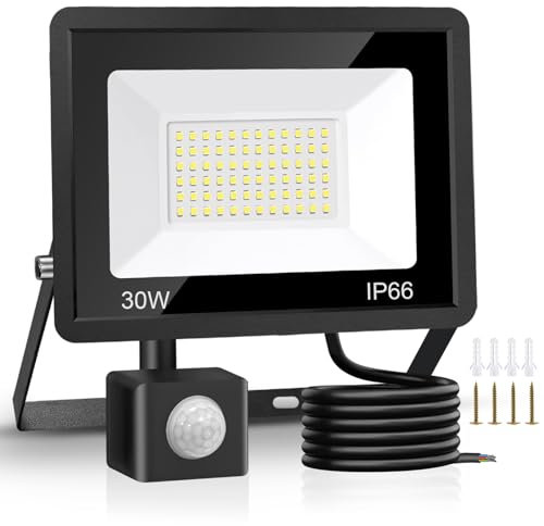 Jsdoin Projecteur LED ExtéRieur 50w, Lampes de SéCurité D'ExtéRieur Avec dé Tecteur de Mouvement, 4500 Lumens, 6500 K, Lampe de SéCurité Pir, Ip66, Lampe de Jour éTanche Avec CâBle d e 2 M Pour (30W)
