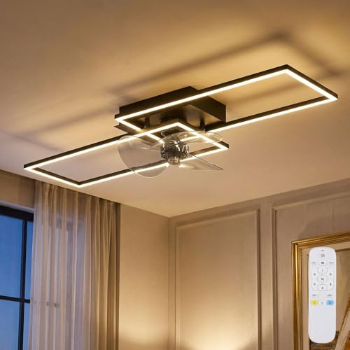 Deckenventilator Deckenlampe Wohnzimmerleuchte Esszimmerlampe Küchenleuchte, Metall Alu schwarz, dimmbar Fernbedienung CCT, LED 38W 1800Lm 3000-6500K, L 90 cm