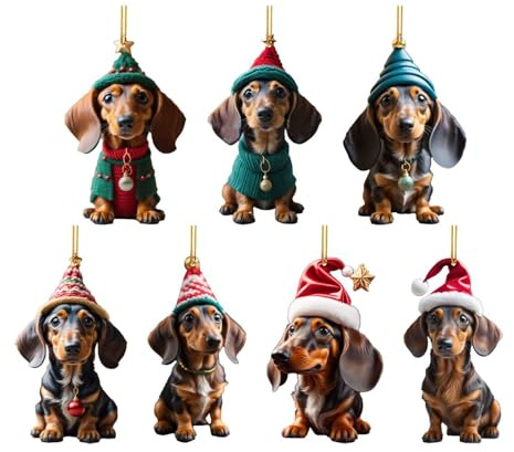 Dackel Deko Acryl Weihnachtsschmuck Dackel Weihnachtsdeko Christmas Decorations Hund Weihnachten Baumschmuck Weihnachtsdekoration für Auto Lustige Weihnachtskugeln (7Stück)