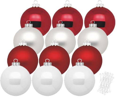 Inge Glas große Weihnachtskugeln mit Haken | Christbaumkugeln aus Glas | Set 12 Kugeln 8cm groß und 40 Aufhänger | Christbaumschmuck Weihnachtsbaumkugeln (Frozen Strawberry | weiß rot)