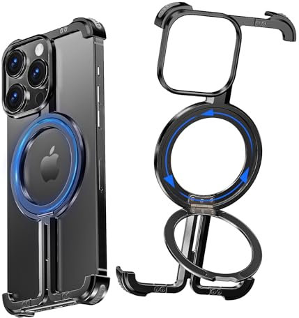 NIFBANG Minimalist Phone Case for iPhone 16 Pro Max with Kickstand,360° Rotatable Magnetic Ring Stand,Aluminum Metal Frameless Slim Bumper Grade Shockproof Protector Cover for iPhone 16 Pro Max,Black