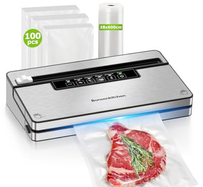 Bonsenkitchen Vacuum Sealer Machine with 5 Modes, Built-in Cutter and Bag Storage, Globefish Technology for Continuous High-Speed Operation, Includes 100 Vacuum Bags and 1 Roll Bag, VS3201