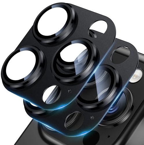 UniqueMe for iPhone 16 Pro/iPhone 16 Pro Max Camera Lens Protector - 2 pack [Strong Drop Protection] [Not Easy to Fall-off] Metal Ring Tempered Glass Rear Camera Screen Cover - Black