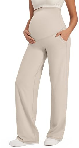 G4Free Maternity Clothes for Women UK Yoga Pants Over Bump Maternity Wide Leg Work Trousers Pregnancy Joggers Petite Light Khaki,XS