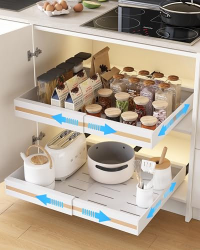 UMDONX 2 Paquete Organizador Armario Cocina Cajones Extraibles Adhesivos - Cajones Deslizables y Estantes para la Despensa, Ancho Ajustable de 30.5 a 51.5 cm, Blanco