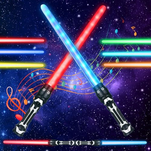 SUFANG 2 Stück Lichtschwerter mit Licht und Sound Laserschwert Kinder Duell Lichtschwerter 2 in 1 Doppelklingen Laserschwert Lichtschwert Einziehbares Laserschwert Cosplay Spielzeug für Kinder