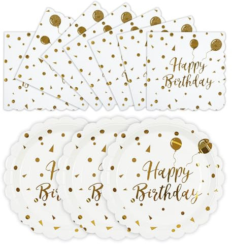 HFBOBP 50PCS Happy Birthday Paper Plates and Napkins, 7 Inch White and Gold Scalloped Cake Dessert Plates Disposable Tableware Party Supplies Decorations