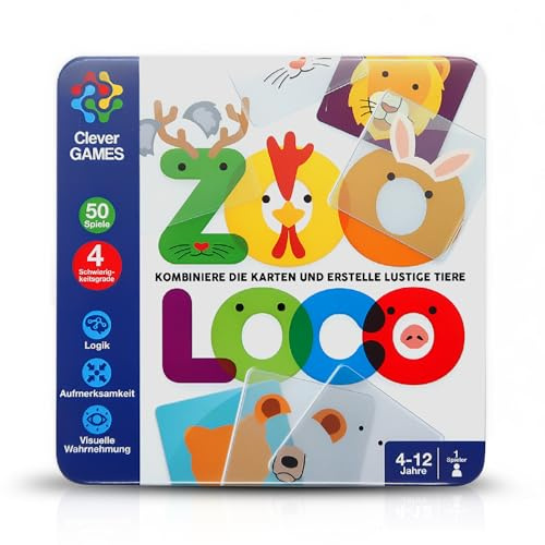 IMAGILAND ZooLoco Logik- & Denkspiel ab 4 Jahren mit transparenten Karten | 50 Aufgaben in 4 Schwierigkeitsgraden | Reisespiel in Metallbox | Tiere durch Schichten & Drehen Bauen