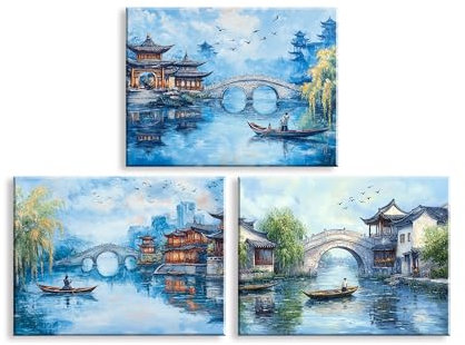 PIY PAINTING 3 Pièces Quadri Su Tela Città d'Acqua Tradizionale Stampe Da Parete Soggiorno Dipinto Con Cornice Fiume Scenico Immagine Pittura Cinese Disegno Su Tela Canvas Camera Da Letto 30x40 cm