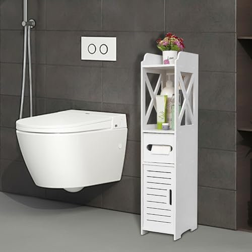 Meuble de Rangement Blanc, Meuble Salle de Bain Rangement, Petit Armoire de Toilette, Armoire de Salle de Bain étroite, Pieds Résistant à l’Eau (20 * 20 * 80 cm, Porte à volet + 1 étagère)