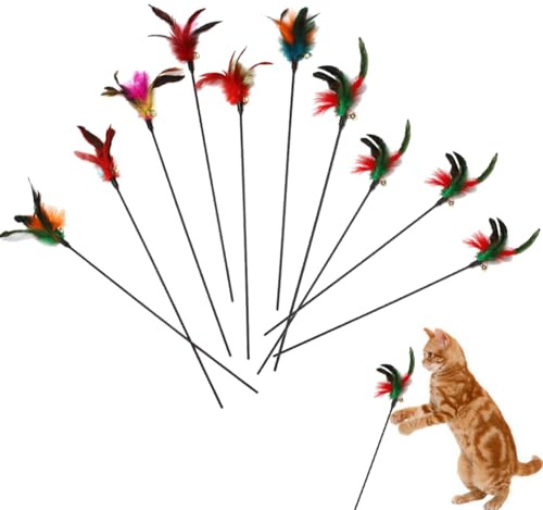 Cutiolly Juguete para Gatos con Plumas,10pcs Juguete Pluma de Gato Interactivo,Ca?a Gato con Repuestos de Plumas,Juguetes para Gatos,Varita Juguetes para Gatos Interactivos,para Gatos