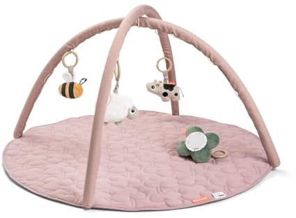 Done by Deer Activity Spielmatte – Tiny Farm – Rosa | Baby Krabbeldecke mit Spielbogen & 4 Spielzeugen | Sensorik-Spielmatte ab 0 Monaten | Rassel, Spiegel, Knister & Glöckchen