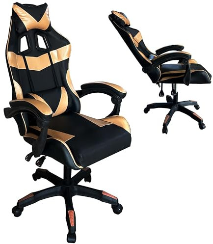 Gio Arreda Sedia da Gaming Reclinabile, Poltrona Ufficio girevole, con rotelle, ergonomica, poggiatesta e cuscino lombare, Portata: 125kg (Reclinabile, Oro Rosa & Nero)