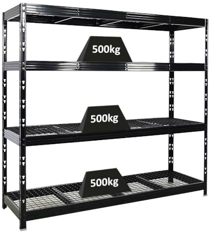 PROREGAL Profi Schwerlastregal Rhino EXTRA BREIT schwarz HxBxT 180x200x60cm Fachlast 500kg 4X Gitterrost-Ebenen Garagenregal, Lagerregal, Steckregal, Weitspannregal