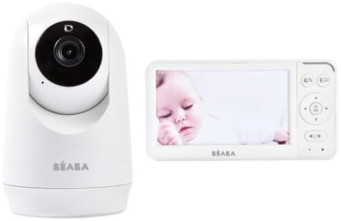 BÉABA, Babyphone Camera Zen Plus 2 – Caméra Rotative 360°, Écran 5 Pouces HD, Vision Nocturne, Talkie-Walkie, Thermomètre, 8 Berceuses, Portée 300m, Autonomie 20h, 4 Caméras Connectables, Blanc