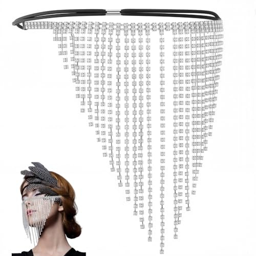 CABODYALS Silberne Gesichtskette Schmuck Strass Kristall Metall Quaste Kopf Haarkette Schleier Vintage Boho Fransen Stirnbänder Kopfbedeckung Für Frauen Kostüme Rave Party Hochzeit Cosplay Tanz Dekor