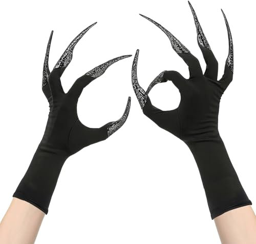 WonHey Claw Gloves, Black Paw Glove with 10 Long Nails, Scary Witch Vampire Demon Cosplay Accessories for Halloween Party, Fancy Dress Costume Props (Gloves 45cm, Nails 12cm)