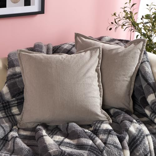 OHS Ribbed Corduroy Cushion Covers 45 x 45cm Grey, Oxford Edge Decorative Throw Pillow Covers with Invisible Zipper for Sofa Living Room Bedroom Square Pillowcases 2 Pack