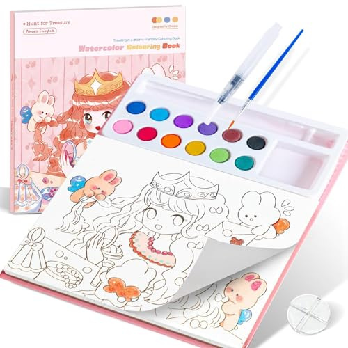FAYAHAR Malbuch mit Wasserfarben für Kleinkinder, 24 Seiten Aquarell Malbuchs Kinder, Aquarell-Malpapier mit Wassertankpinsel, Wassermalbuch für Kinder Malbuch ab 3-10 – Prinzessin