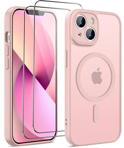 HGH für iPhone 13 Hülle für MagSafe mit 2 Schutzglas, Kalkrosa | Vollständiger Kameraschutz Stoßfest Kratzfest Anti-Fingerabdruck Transluzente Rückseite Matt Handyhülle für iPhone 13