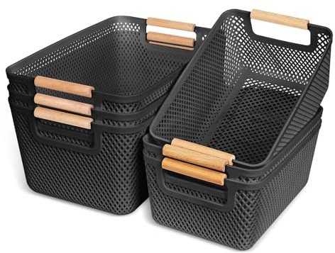 6pcs Black Plastic Storage Boxes, Storage Basket Organizer with Wood Handle | Storage Box Baskets for Bathroom, Kitchen Cupboard, Fridge, Pantry Organizers and Storage, Multi-Use Storage Bins, 2 Size
