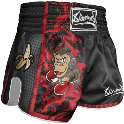 8 WEAPONS Muay Thai Shorts Joe, Kinder Thaibox Shorts Satin, Schwarz-Rot, Kickboxhose für Kinder, Größe 3-10 Jahre, Atmungsaktiv, Langlebig, Kampfsporthose MMA, K1, Boxen, Thai Boxen