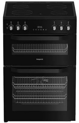 HTE6VDCB1 60cm Electric Ceramic Cooker – Double Oven, 4 Zone Ceramic Hob, Fan Assisted Main Oven, Grill Function, Easy Clean Enamel, LED Display, Black, A Energy Rated