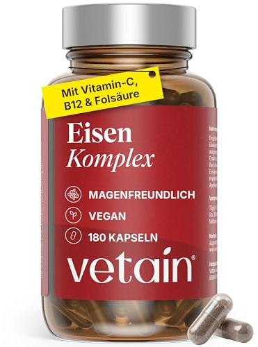 VETAIN Eisen Vitamin C Komplex - 180 vegane Kapseln - hochdosiert | Mit 20mg Eisenbisglycinat, Vitamin C, Kupfer, Vitamin B6, B12 & Folsäure - ohne Zusätze - produziert in Deutschland