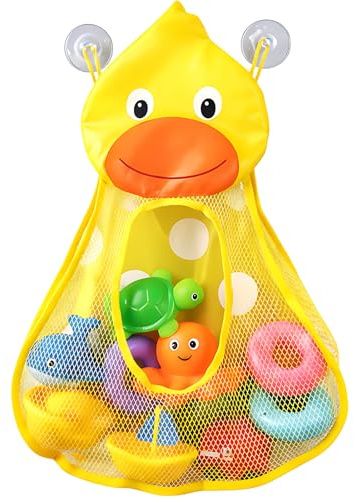 TUBAWD Bath Storage Yellow Duck Net Bag, Hanging Bath Bag with Strong Suction Cups, Mesh Bath Net for Bathroom Organization, Practical for Daily Use