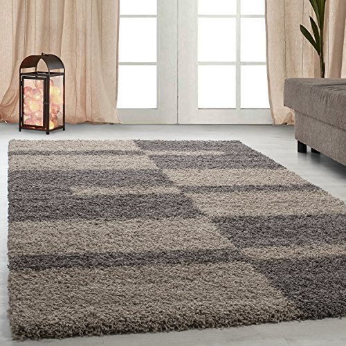 Carpetsale24 Hochflor Teppich Läufer 80x250 cm Taupe-Beige – Weiche Shaggy Flokati Matte im Karierten Design – Langer Bodenteppich für Flur oder Küche – Pflegeleicht & modern