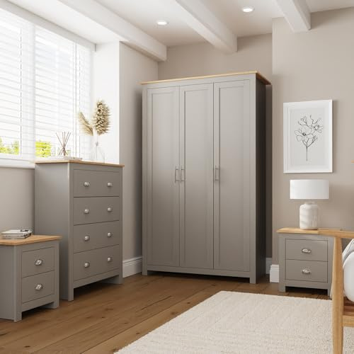 Home Source - Country Pine MDF 4 Pc Bedroom Set - Wardrobe Chest of Drawers 2 Bedside - Grey