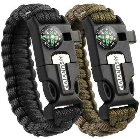 SURVIVE Paracord Armband, 2 Stück, Notfall-Survival-Kit Feuerstarter Kompass Pfeife, Größe: klein, 2,6 m durchgehender Strang Feuerstein Stahlschaber 5 in 1