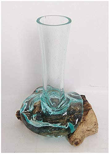 Beau Vase en Verre de 22 cm Finement soufflé sur Une Racine de Teck – Idéal pour Les Fleurs ou Un Vase de Table – chacun Unique