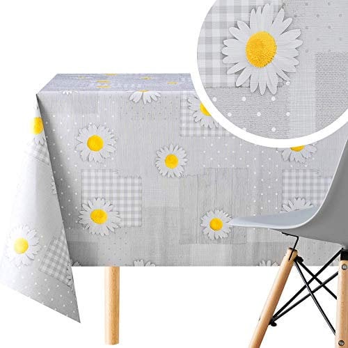 Grauem Wachstuchtischdecke mit Blumen Gänseblümchen - Abwischbare PVC Wachstuch, Rechteckige 200 x 140 cm - 6 Sitzplätze, Kamille Patchwork-Muster Vinyl Tischdecke - Pflegeleicht Wasserdichtes