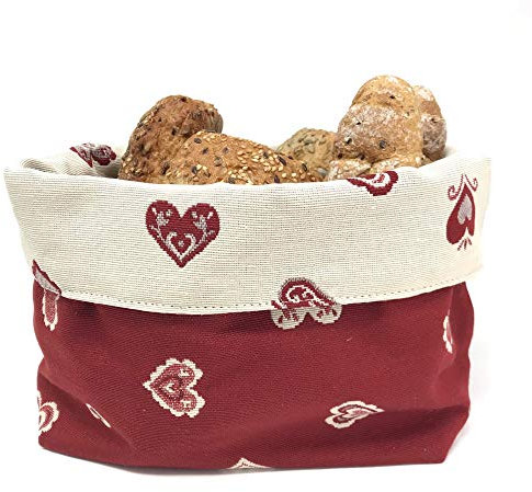 Gaidra Corbeille à Pain en Tissu Style tyrolien Double Face avec Coeurs - Sac Design en qualité Artisanale - 28 x 20 x 10 cm, Rouge Double Face
