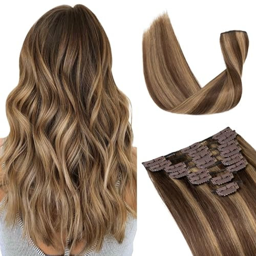 TESS Clip in Extensions Echthaar, 8pcs Clip in Haarverlängerung Remy Echt Haare Natürliche 18 Clips 8 Tressen Clip in Extensions Human Hair 55g 30 cm Karamell Balayage