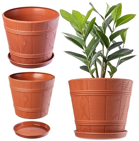 KADAX Pot de Fleurs en Plastique avec Soucoupe pour Intérieur et Extérieur, Catche-Pot Imitant l'aspect du Bois, Conçu en Forme de Tonneau (Terre Cuite, 38 cm)