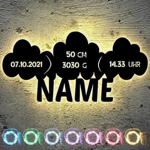 LEON FOLIEN Led Wolken Wölkchen Datum Größe Gewicht Geburtszeit Deko Schlummerlicht Nachtlicht Mit Name, personalisiert Abendlicht Kinderzimmer Wohnzimmer Geschenk - Baby - Kinder