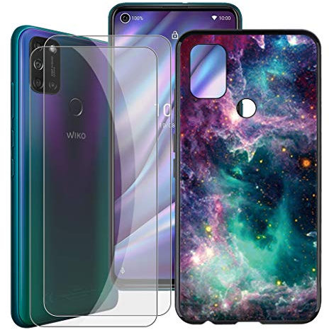 HHUAN Coque + 2 pièces Verre trempé Film pour Wiko View 5 Plus (6.55), Noir Cover Souple Silicone Antichoc TPU Housse Etui Bumper Case et écran HD Film Protecteur - WMA33