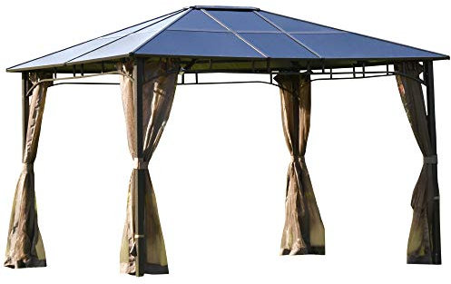 Outsunny Gazebo da Giardino con Zanzariera 3.6x3 m, Struttura Acciaio e Alluminio, Tetto Policarbonato Marrone