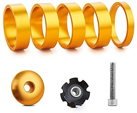 baluoqi Bicycle Headset Spacer 1-1/8 inch 28.6mm with Stem Top Cap(carbon fiber),Headset Star Nut and Long Titanium Bolt Aluminium Alloy MTB Road Bike Stem Headset Spacer(Yellow)