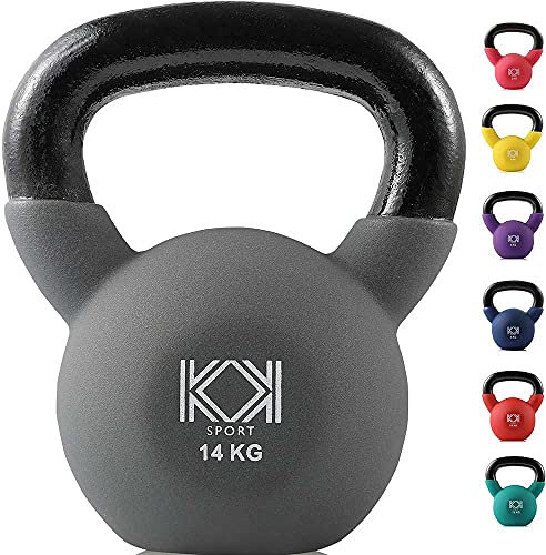 KK Kettlebells Cast Iron Neoprene Coated Weights Lifting Strength Training Home Gym Exercise (14Kg, Grey)