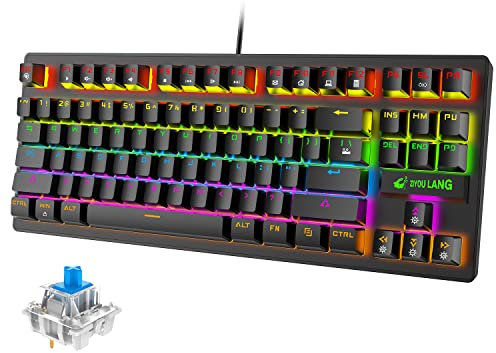 Gaming-Tastatur, mechanische USB-Tastatur, RGB-Regenbogen-LED-Hintergrundbeleuchtung, 87 Tasten, vollständiges Anti-Ghosting, für Gamer und Schreibkräfte, für PS3, PS4, PS6, Computer, Mac (schwarz)