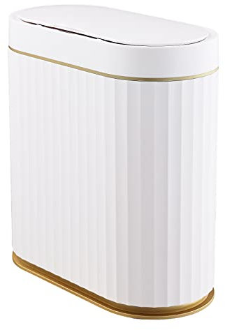 ELPHECO 2.5 Gallon Motion Sensor Bathroom Bin - 9.5 Litres Waterproof Motion Sensor Trash Can, 2.5 Gallon Bathroom Garbage Bin Wastebasket for Kitchen and Office Use, White with Golden Trim