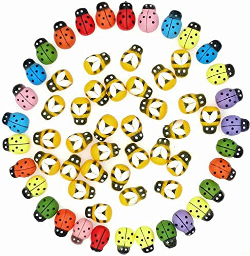 Holz Marienkäfer,Mini Selbstklebender Marienkäfer 100 Pack Kleine Holz Käfer Sponge Marienkäfer Aufkleber 9 * 13mm und 100 Pack Hölzerner Bienen 9 * 13mm für DIY Handwerk Scrapbooking Bastelarbeiten