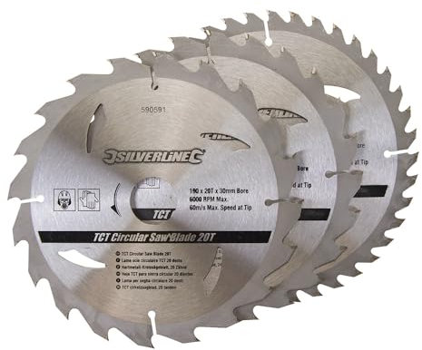 Loops 3 PACK – 190mm TCT Circular Saw Wood Cutting Blades -20 24 40 Teeth- 30mm Bore & 25mm & 20mm Adapters – Hardened Steel Tungsten Carbide Teeth – Floor Board Chipboard Hard & Softwood