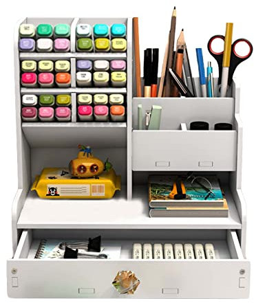 RUIXUE Holz Schreibtisch Organizer,Stiftehalter Schreibtisch, DIY-Stiftehalter, Organizer Schreibtisch mit Schubladenbox,Stifthalter schreibtisch organizer holz für Schule, Büro (PB17Weiß)