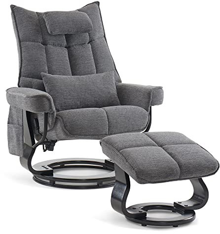 M MCombo Relaxsessel mit Hocker, Drehbare Fernsehsessel mit Liegefunktion, Moderner TV-Sessel Stuhl für Wohnzimmer, mit Kissen & Seitentasche, Stoff, 9076 (Grau)