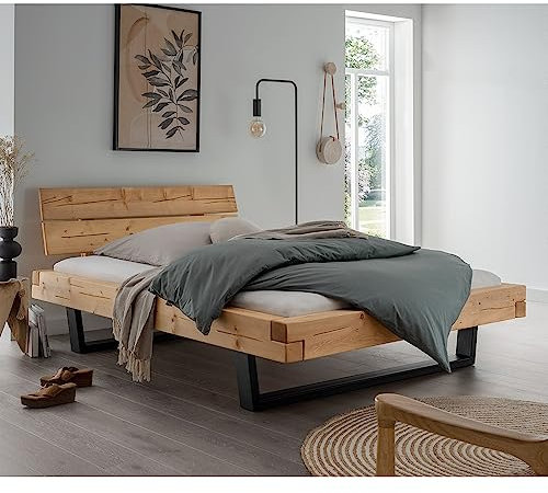 Lomadox Doppelbett Ehebett Bett Echtholz Massivholz, 200x200 cm, Fichte massiv, Holzkopfteil, Schwarze Metallkufen, B/H/T ca. 218/88/228 cm